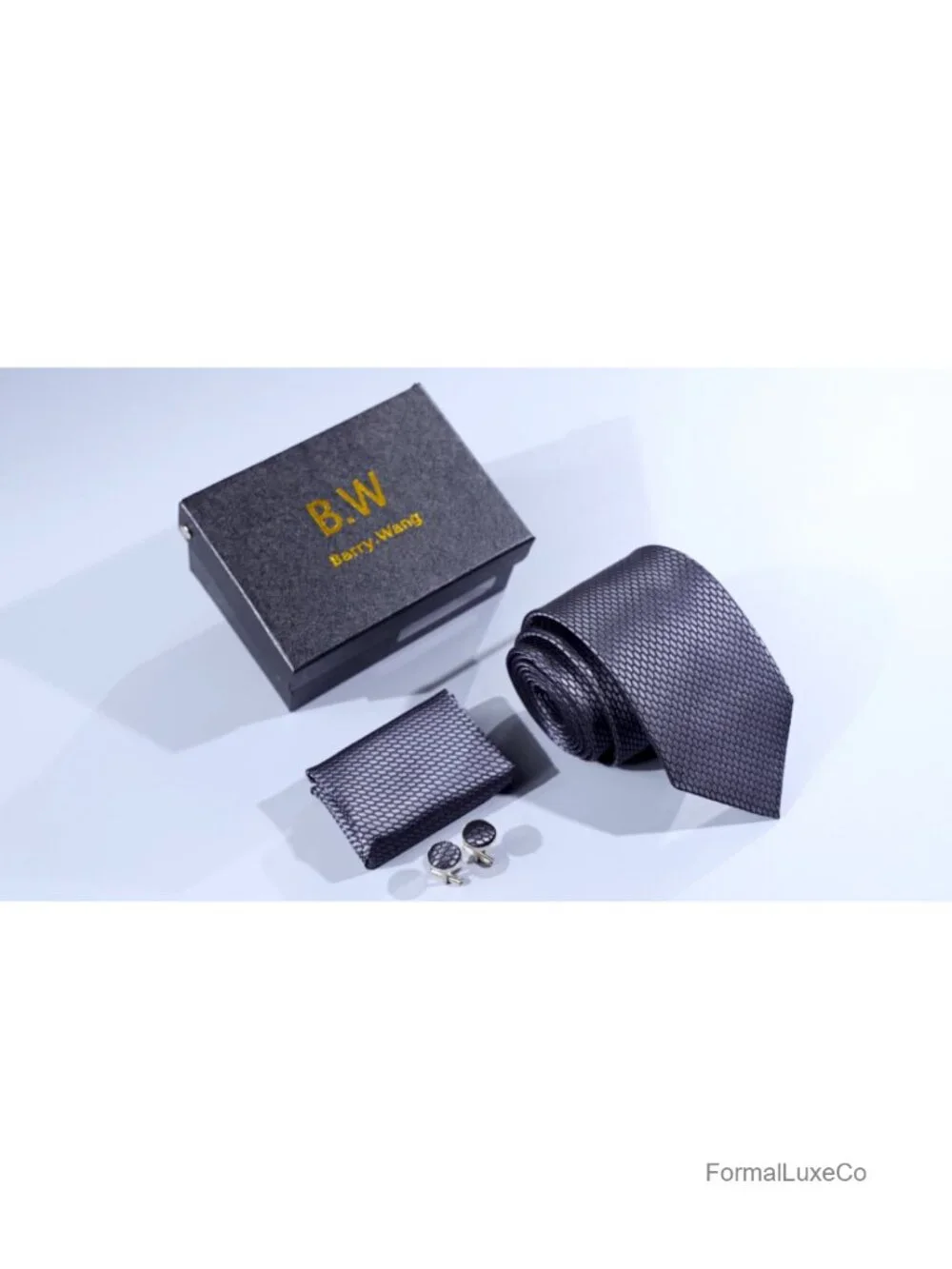 Men's Silk Polyester Tie Set with Pocket Square & Cufflinks, Formal Accessories